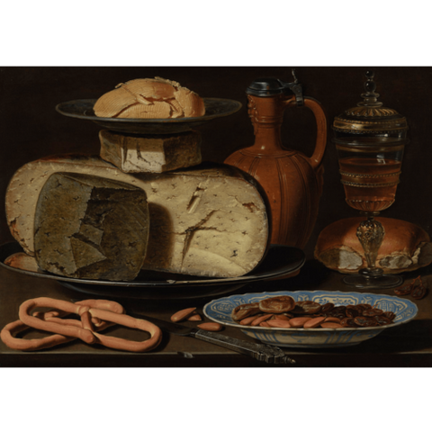 Still life with cheeses, almonds and pretzels