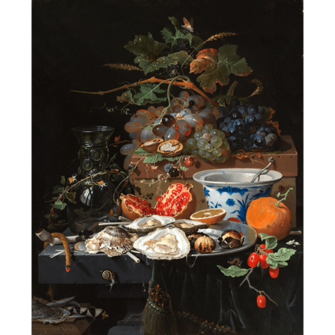 Still life with fruits, oysters and a porcelain bowl