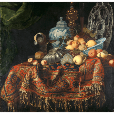Still life with fruits and dishes on a Smyrna rug