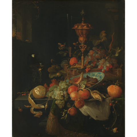Still life with fruits and goblet on cock's leg