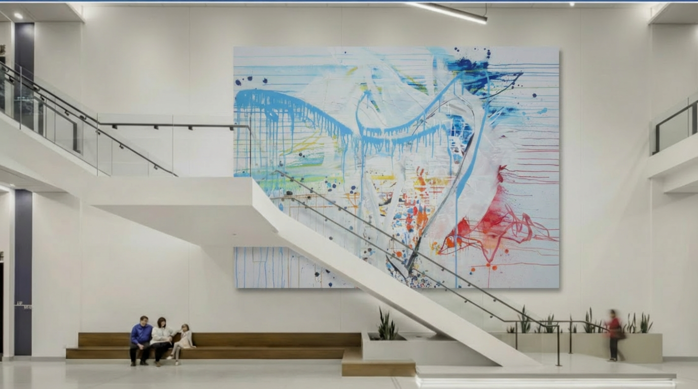 Large-scale abstract art installation in corporate lobby