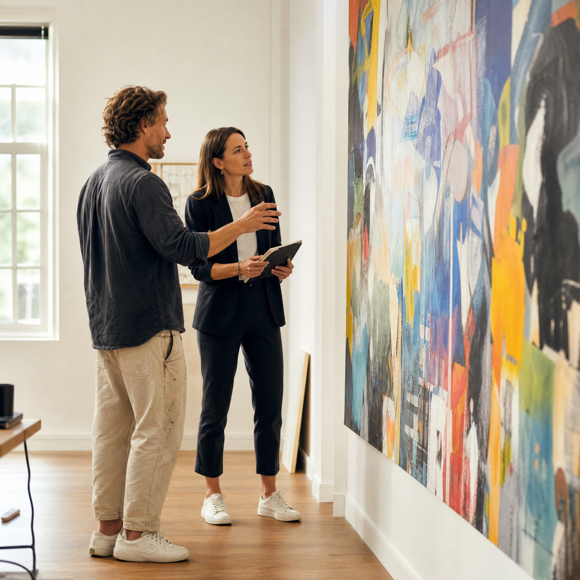 ARTEQUE art community — artist and art advisor reviewing large-format artwork together