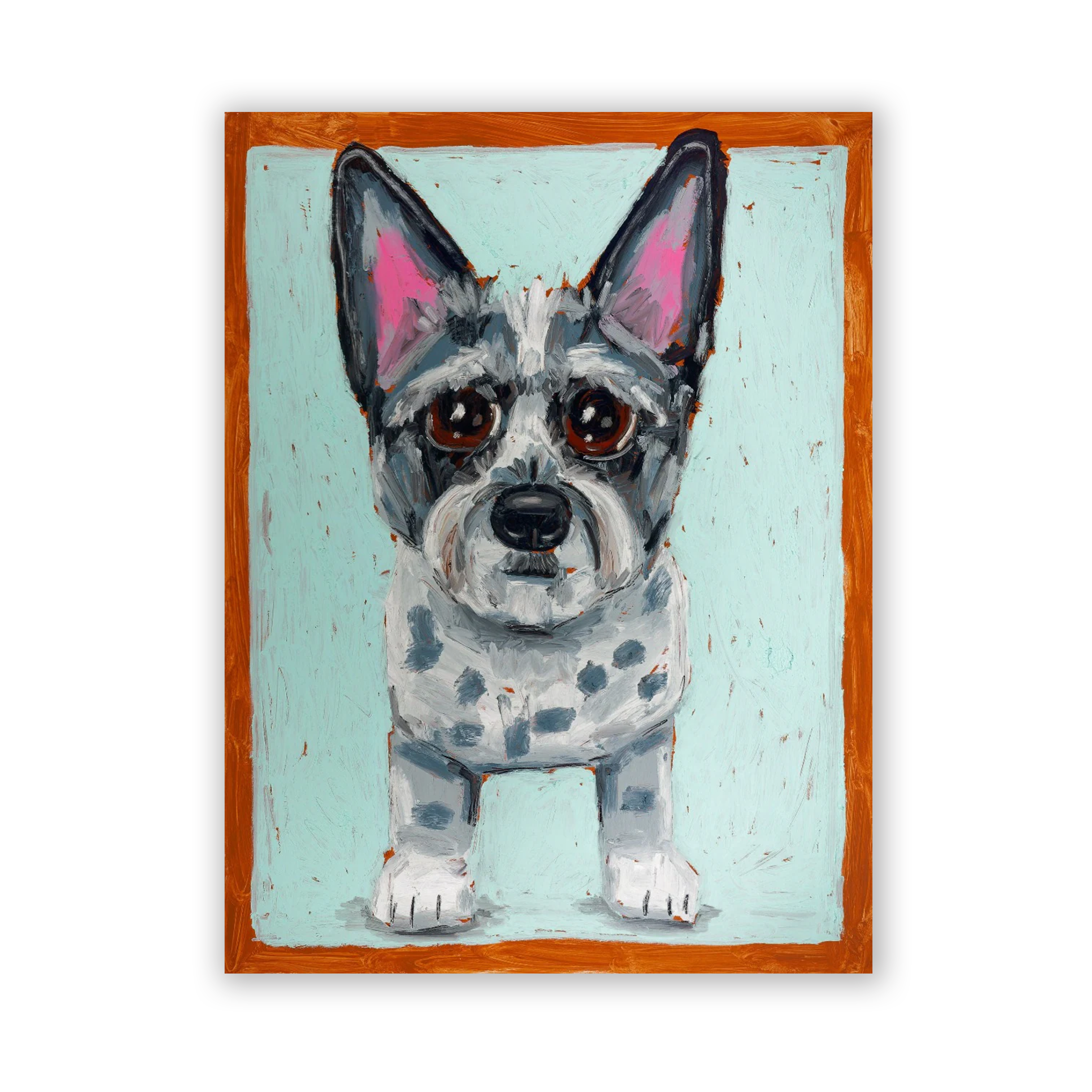 A black-and-white Chihuahua portrait by Ben Lenovitz on a pale blue ground