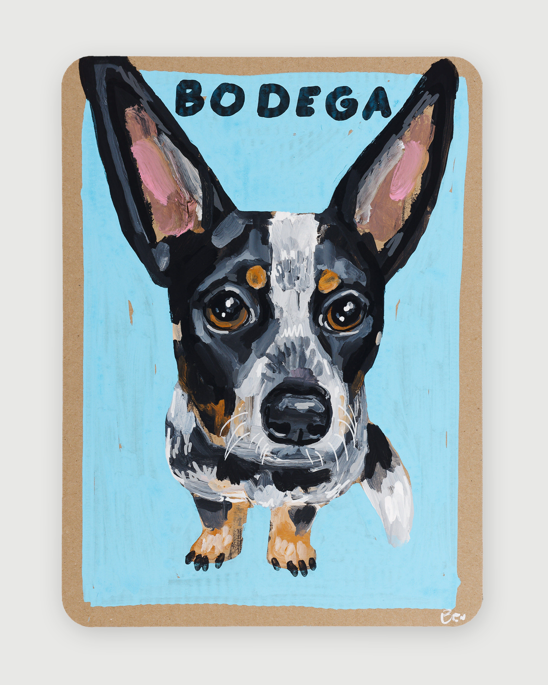 Bodega by Ben Lenovitz, a black-and-white Chihuahua portrait against a turquoise blue background