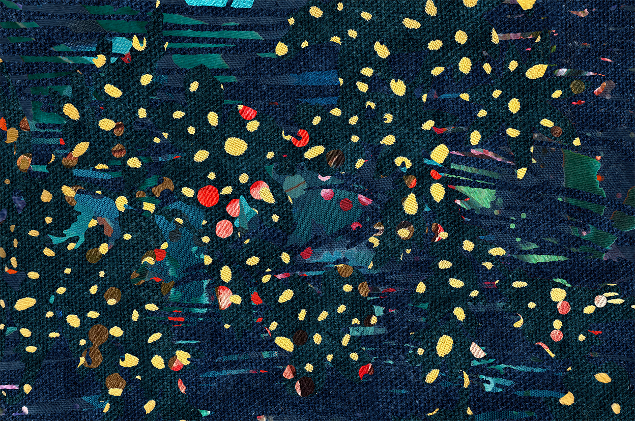 Collage 4: Constellation by Eirini Linardaki, a dark textile collage with scattered luminous fragments