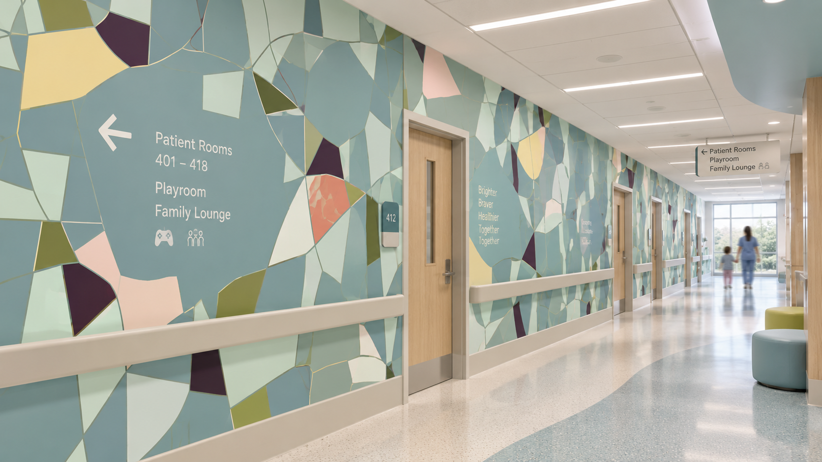 Healthcare corridor concept with the Organic Fractals pattern integrated into wall surfaces