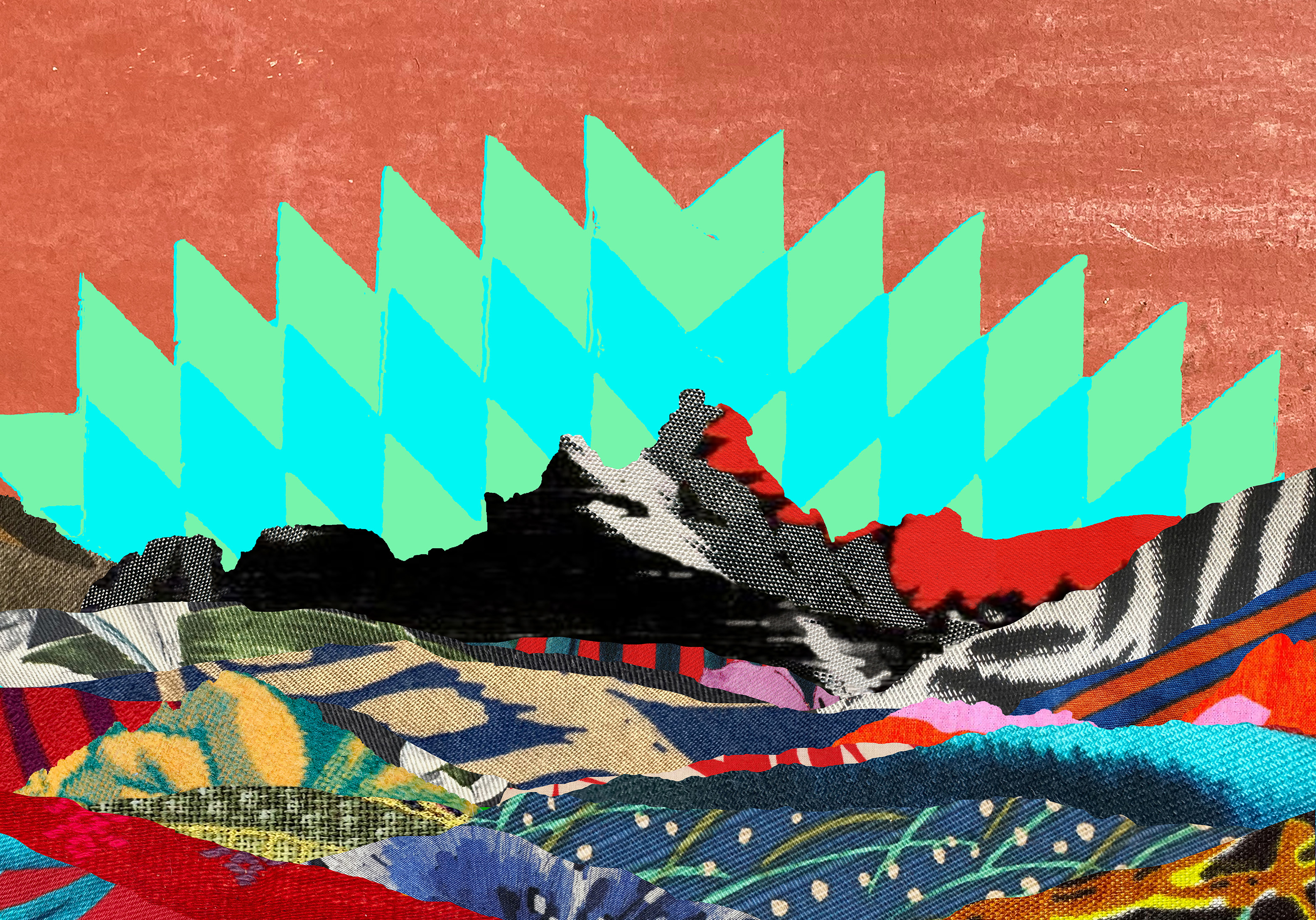 I Wake Up to the Sound of Mountains by Eirini Linardaki, a layered textile collage landscape