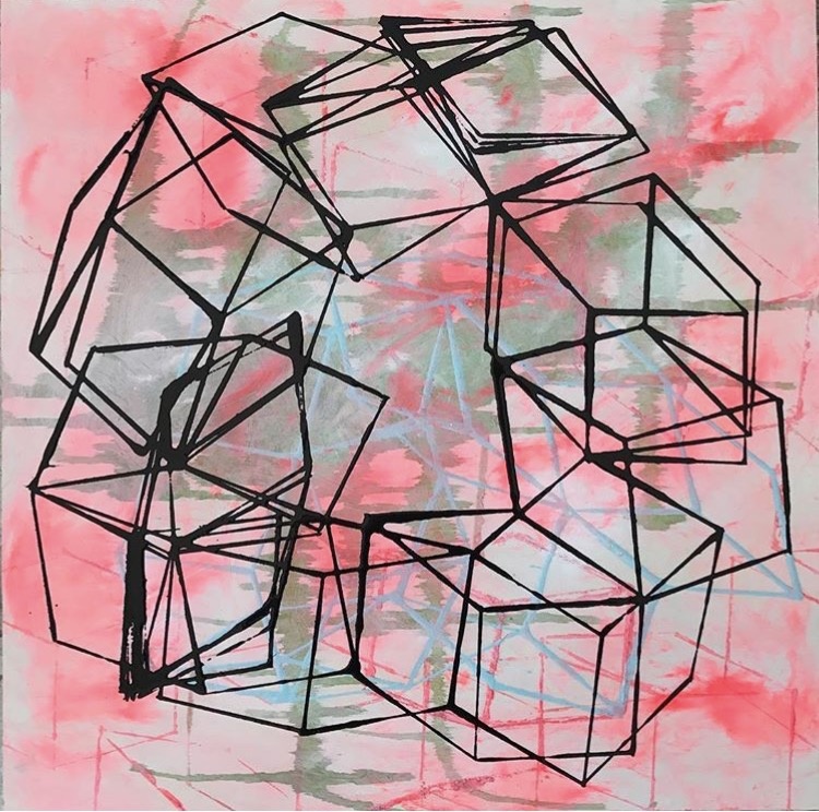 Artwork 02 by Iris Kufert-Rivo, a geometric painting of black linear forms over a pink and grey ground