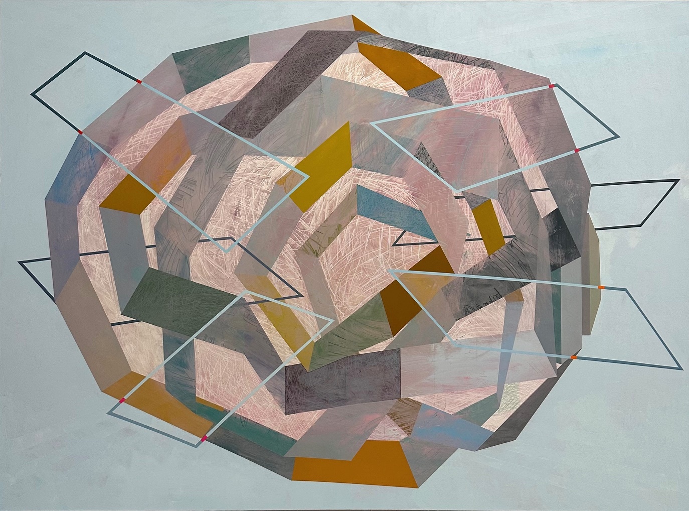 Artwork 05 by Iris Kufert-Rivo, a layered geometric painting in muted pink, blue, grey, and ochre