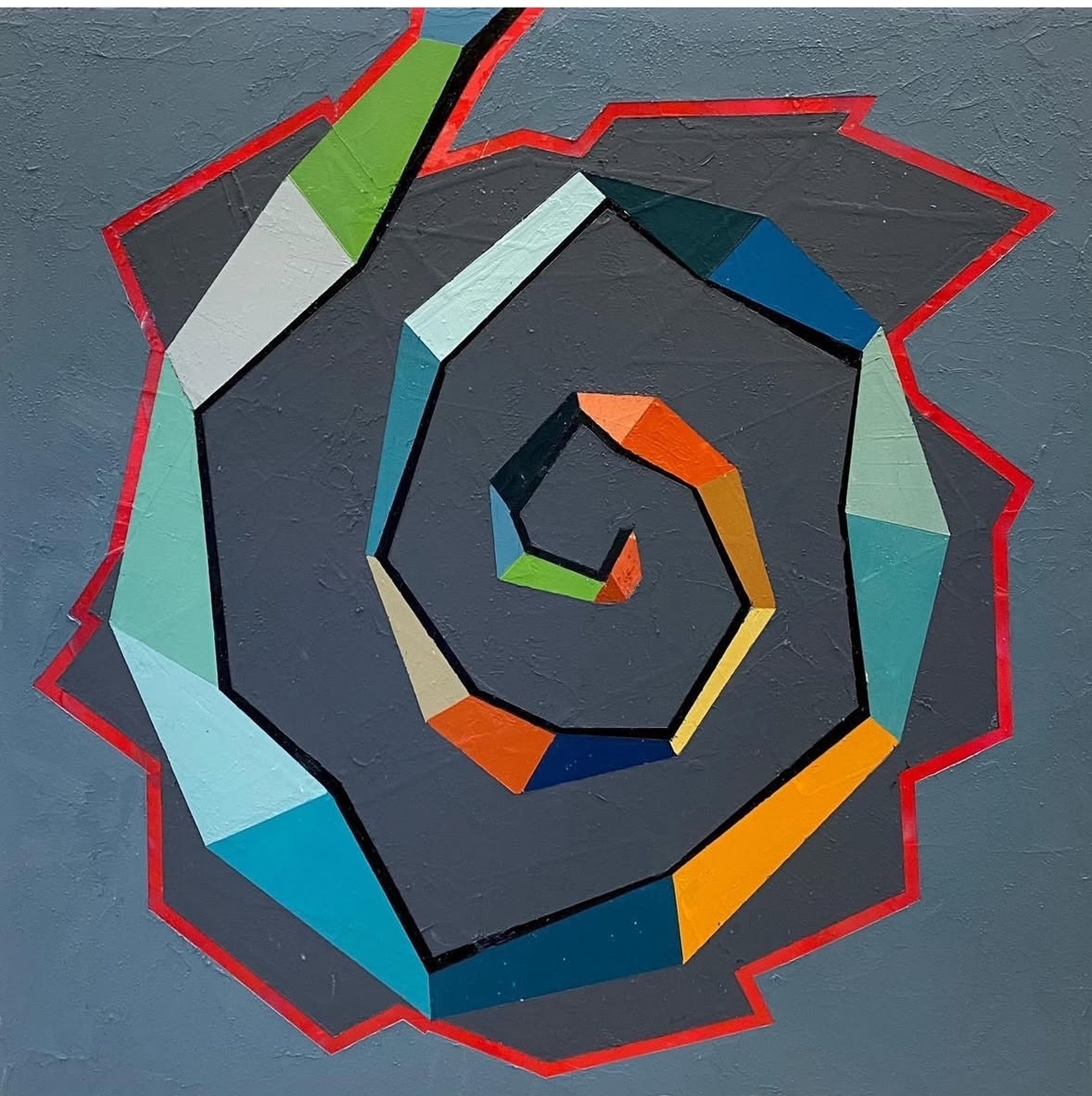 Artwork 09 by Iris Kufert-Rivo, a graphic spiral painting with bright geometric accents on a dark ground