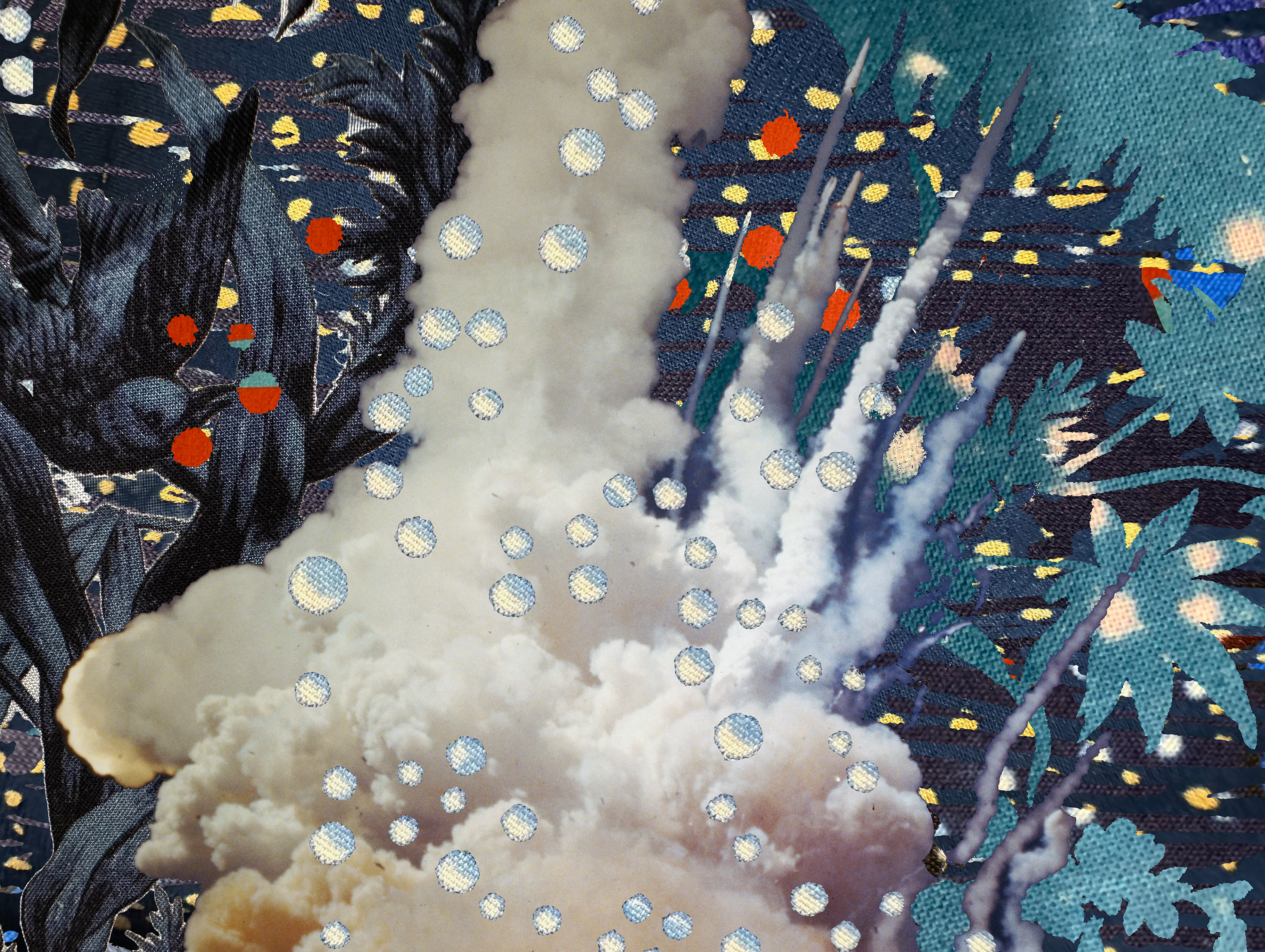 Moments While by Eirini Linardaki, a textile collage with a drifting cloud and embroidered marks