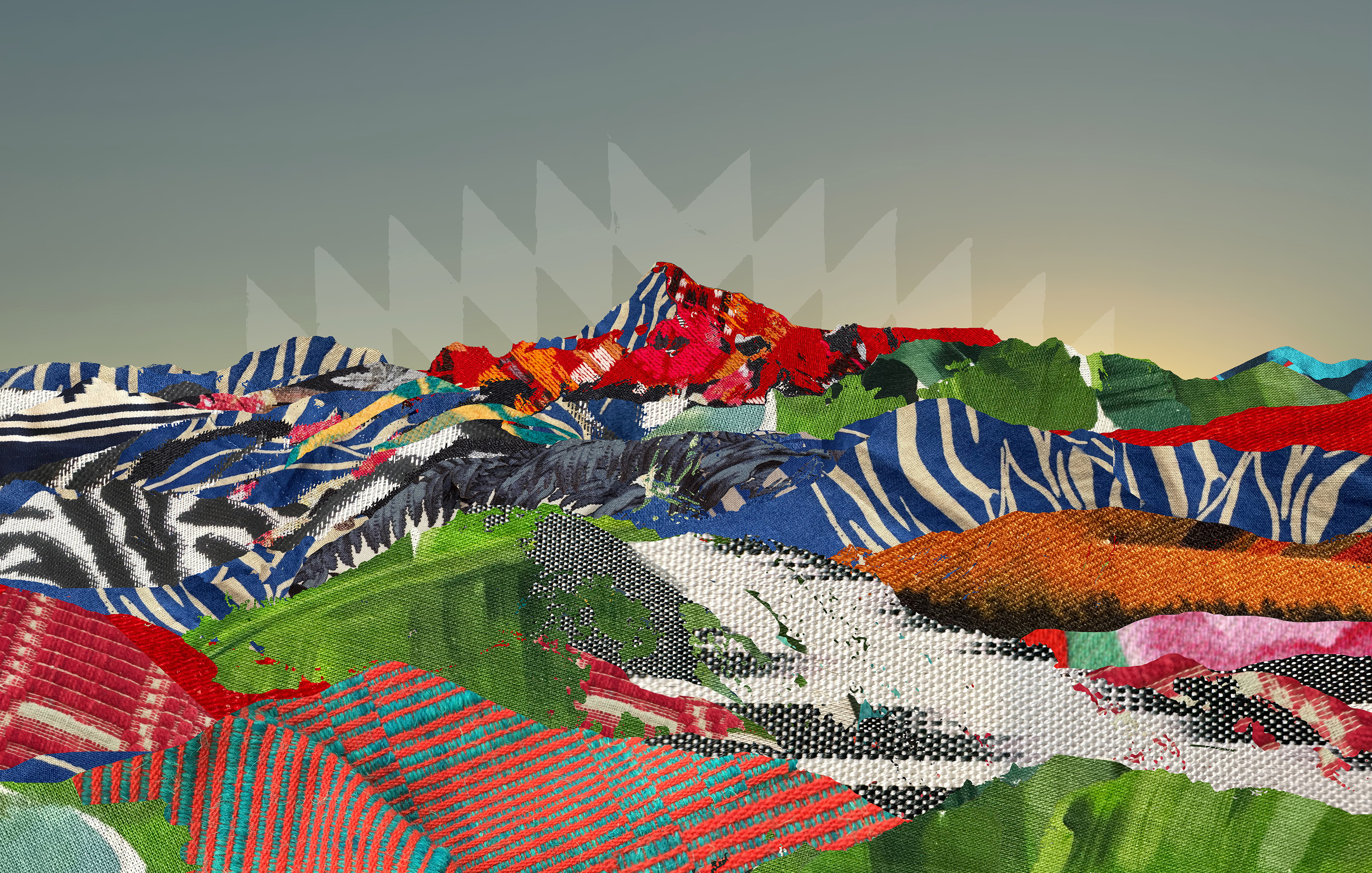 Olympus and Other Gods by Eirini Linardaki, a vivid textile-collage mountain landscape