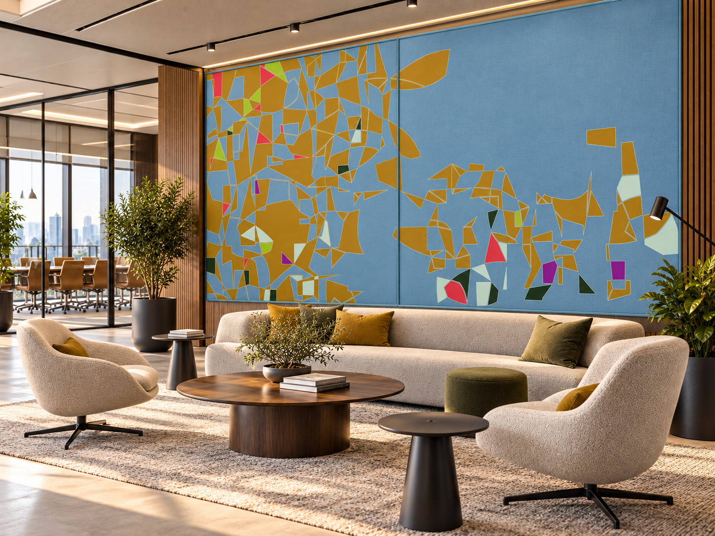 Corporate workplace lounge concept using Organic Fractal across architectural wall surfaces